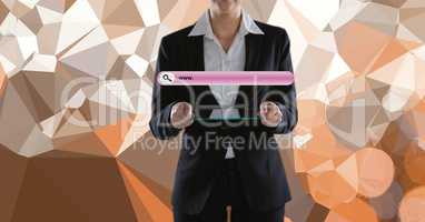 Businesswoman holding device with search screen