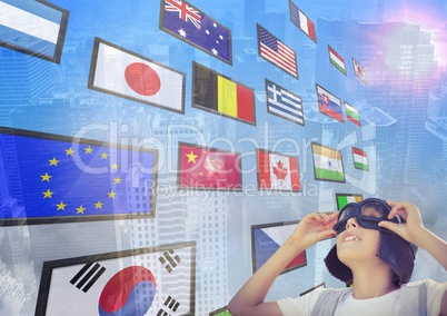 panel with flags, city background. aeronautic boy looking up