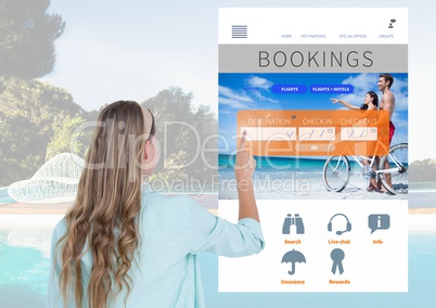 Hand Touching Bookings Holiday break App Interface with swimming pool