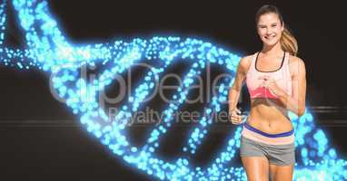 Woman in sportswear jogging against DNA structure