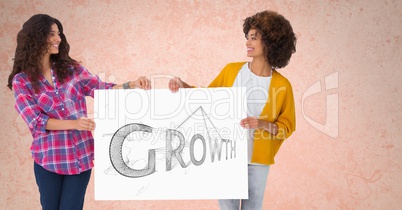 Smiling women holding billboard with growth text against peach background