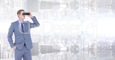 Businessman looking at upside down city through binoculars