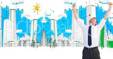 Digital composite image of successful businessman with arms raised in drawn city
