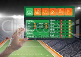 Hand touching a Betting App Interface stadium