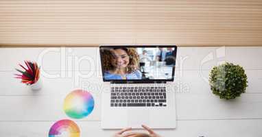 High angle view of businesswoman seen on laptop screen