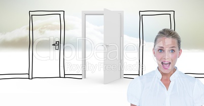 Businesswoman screaming against drawn and real doors