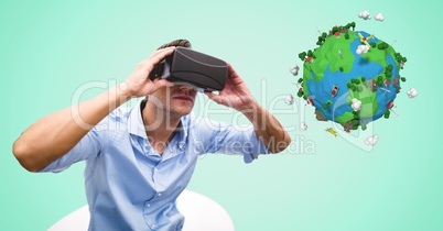 Businessman wearing VR glasses by low poly earth