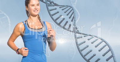 Woman listening to music while jogging by DNA structure