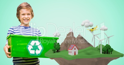 Happy boy carrying recycling crate by low poly cliff