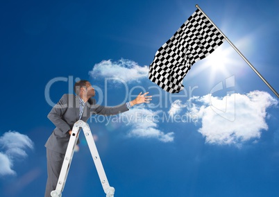 Businessman with leader taking the checker flag in the sky