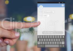 Hand Touching Social Media Messenger App Interface with Meeting coffee
