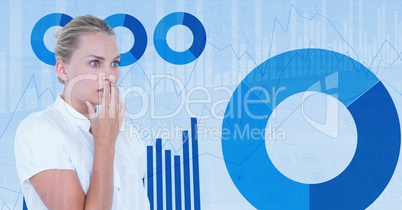 Shocked businesswoman covering mouth against graphics