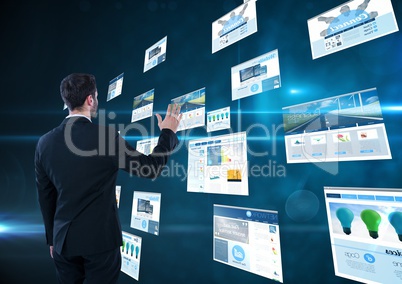panels with websites(blue) dark blue background. business man doing thing on these