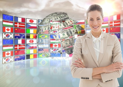 panel with flags and money earth. Happy business woman hand folded