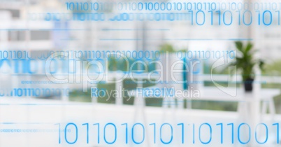 Blue binary code against blurry white office
