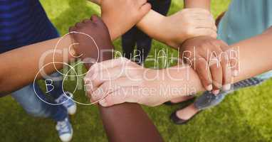 Digital composite image of math equation over friends holding hands