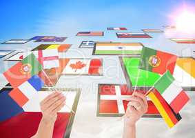 panel with flags in the sky, hands with flags