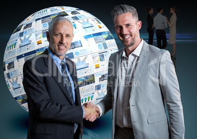 panels with websites in a ball and two business men giving the hand each other