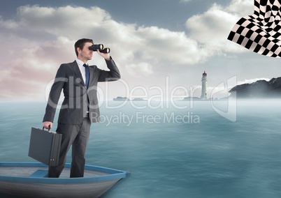 businessman in a boat on the sea looking for the checker flag with binoculars
