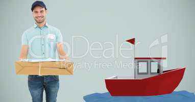 Delivery man carrying cardboard box by 3d boat