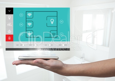 Hand holding a tablet and Home automation system App Interface