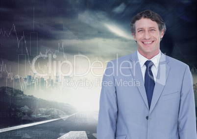 Confident businessman smiling against screen