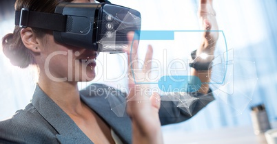 Digital composite image of businesswoman touching futuristic screen while using VR glasses