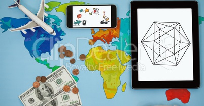 Overhead view of various structures in smart phone and digital tablet by airplane with currency on w