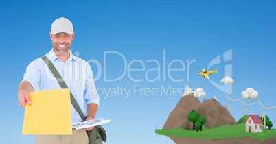 Happy delivery man giving parcel by low poly cliff