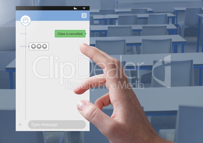 Hand Touching Social Media Messenger App Interface in class
