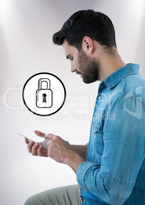 Man with glass device and white lock graphic against white background