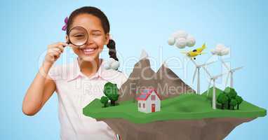 Happy girl looking though magnifying glass by low poly earth