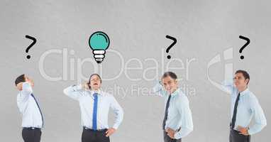 Multiple image of businessman with light bulb and question marks