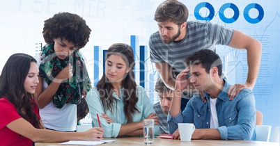 Casual business people discussing against graphs