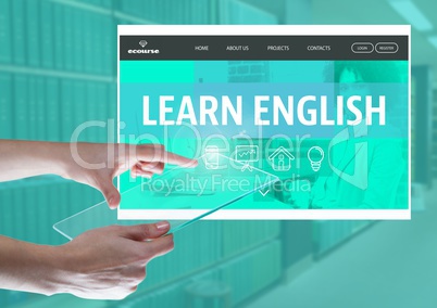Hand touching a tablet and a Learn English App Interface