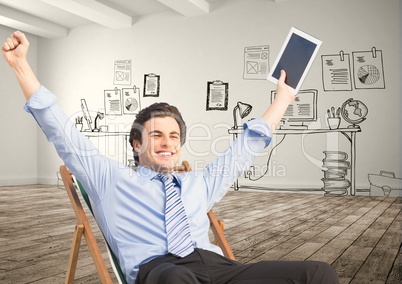 Happy businessman holding tablet PC while celebrating victory against graphics