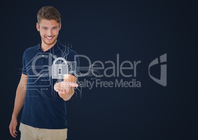 Man with hand out and white lock graphic against navy background