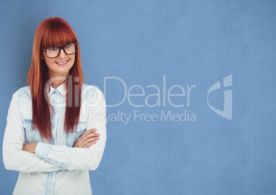 Happy female hipster with redhead over blue background
