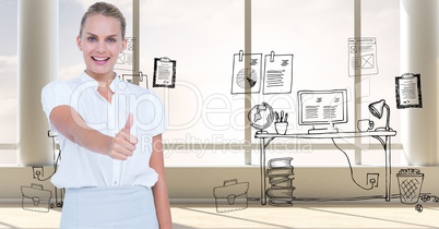 Smiling woman showing thumbs up against graphics