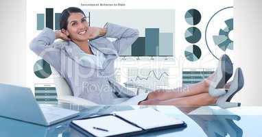 Relaxed businesswoman with feet on desk against graphs