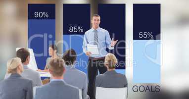 Businessman giving presentation to colleagues against graphs