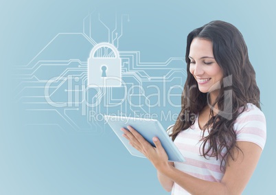 Woman with tablet and white lock graphic against blue background