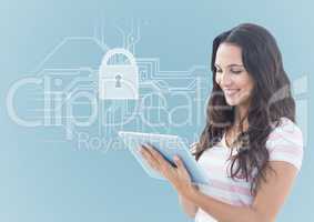 Woman with tablet and white lock graphic against blue background