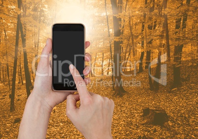 Hand Touching phone in forest
