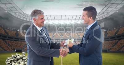 Business people exchanging money representing football corruption