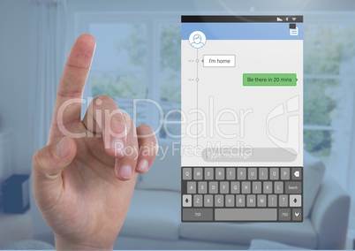 Hand touching air and Social Media Messenger App Interface at home