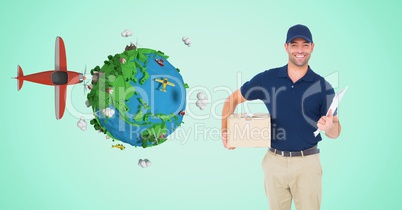 Delivery man with parcel by low poly earth and plane