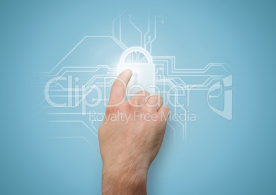 Hand with flare touching white lock graphic against blue background