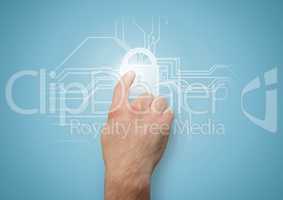Hand with flare touching white lock graphic against blue background