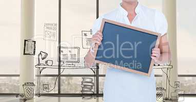 Midsection of businesswoman holding slate against graphics